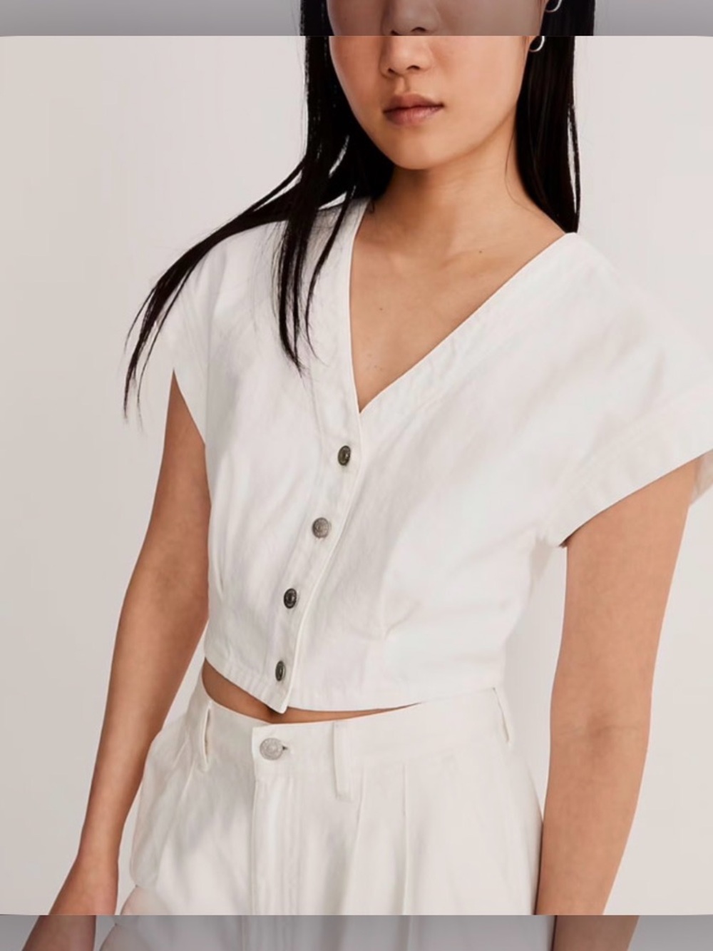 Madewell White V-Neck Denim Button Front Crop Top Size 4